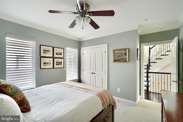 carpeted bedroom with crown molding, ceiling fan, and a closet