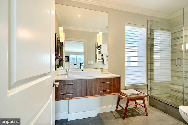 bathroom with tile patterned flooring, crown molding, an enclosed shower, and toilet