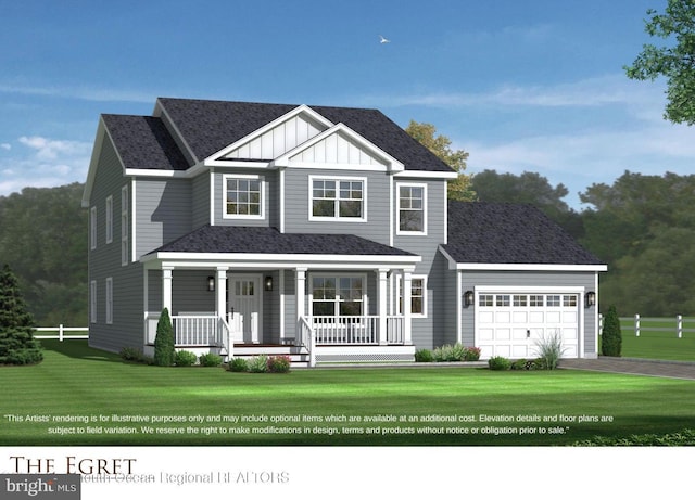 view of front of house with covered porch, a garage, and a front lawn