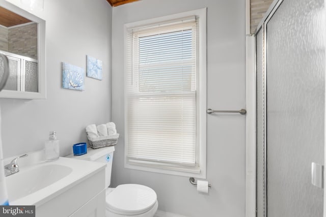 full bathroom featuring vanity, a shower stall, and toilet