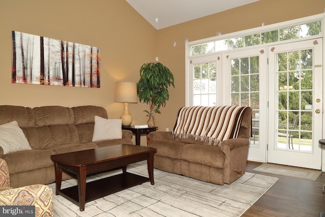 living room featuring light hardwood / wood-style floors and vaulted ceiling