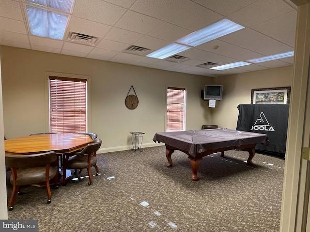 rec room featuring a drop ceiling, carpet, and billiards