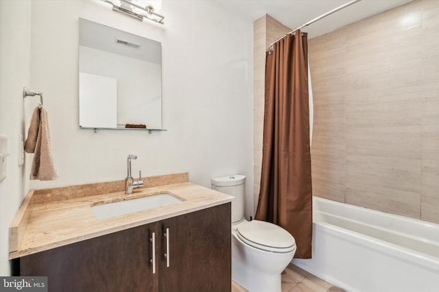 full bathroom with toilet, vanity, tile patterned floors, and shower / bathtub combination with curtain