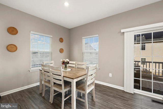 dining space featuring dark wood-type flooring and a healthy amount of sunlight