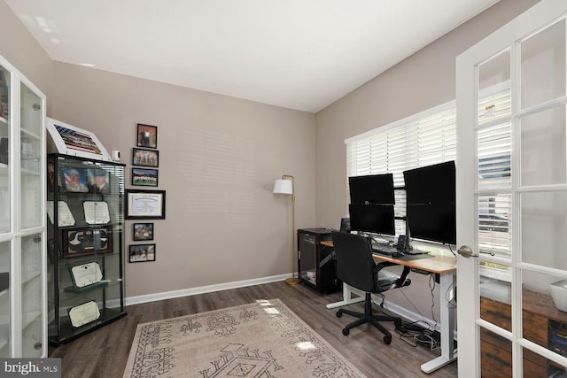 office area featuring dark wood-type flooring