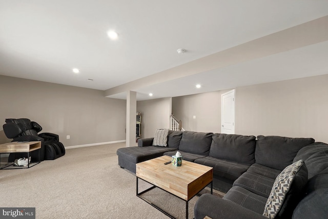 living room with light colored carpet