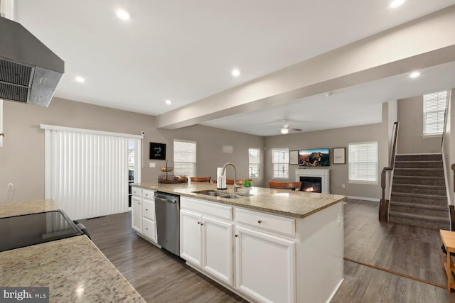 kitchen featuring exhaust hood, white cabinets, sink, dark hardwood / wood-style floors, and an island with sink