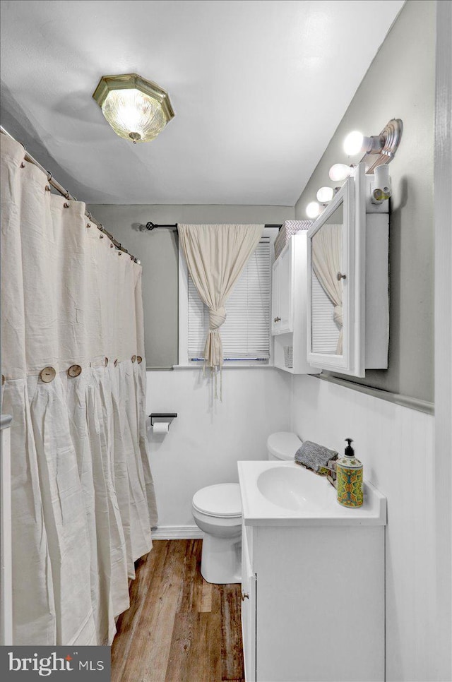 bathroom with hardwood / wood-style floors, vanity, and toilet