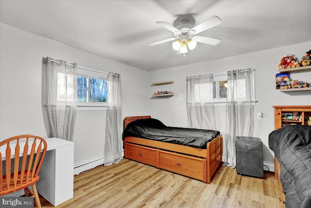 bedroom featuring multiple windows, ceiling fan, and light hardwood / wood-style floors