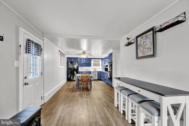 interior space with ceiling fan, plenty of natural light, light hardwood / wood-style floors, and ornamental molding