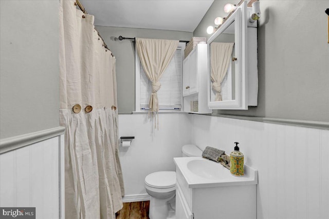 bathroom with wood-type flooring, vanity, and toilet