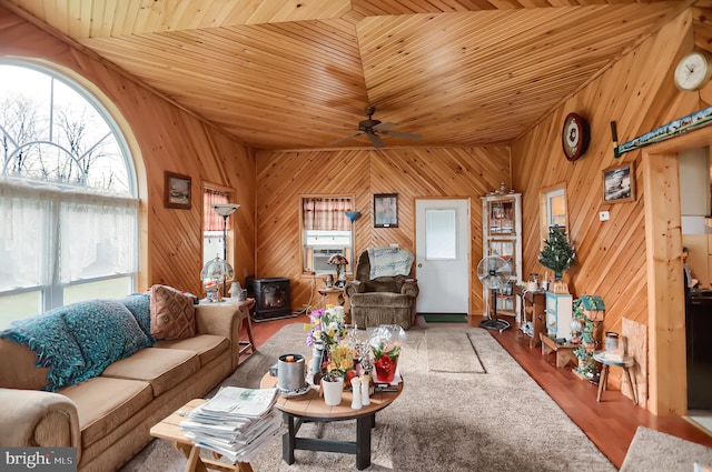 living room featuring a wood stove, plenty of natural light, and wooden ceiling