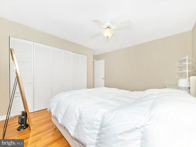 bedroom with ceiling fan, light hardwood / wood-style floors, and a closet