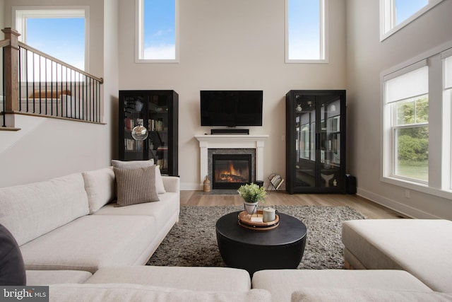 living room with a high ceiling, a healthy amount of sunlight, and light hardwood / wood-style floors