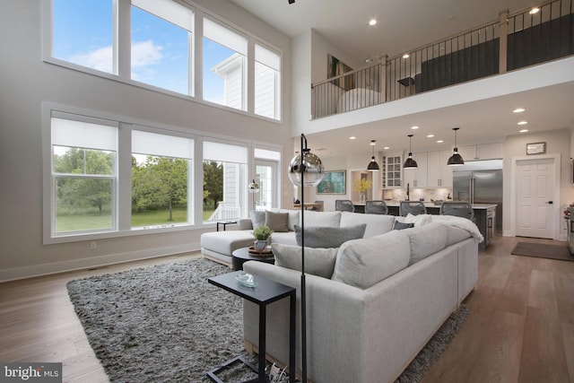 living room with a towering ceiling and dark hardwood / wood-style floors