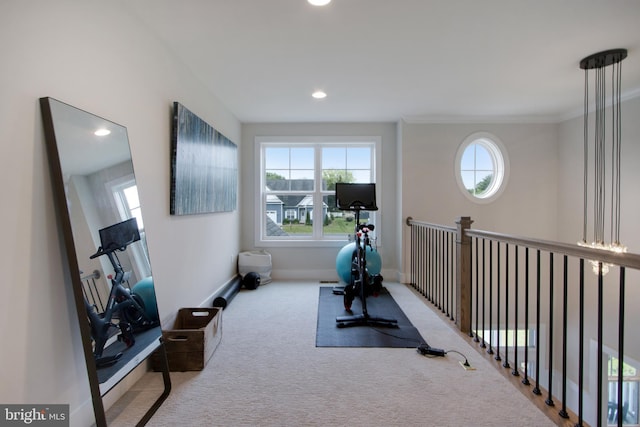 exercise room with ornamental molding, a healthy amount of sunlight, and light carpet