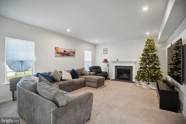 living room featuring light colored carpet