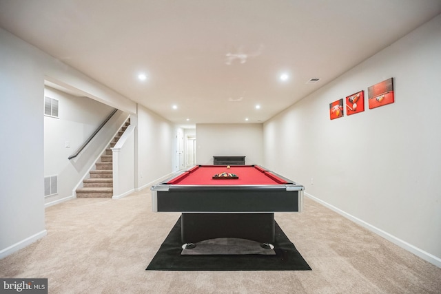 playroom featuring light colored carpet and pool table