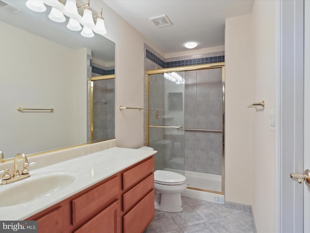 bathroom with tile patterned floors, toilet, an enclosed shower, and vanity