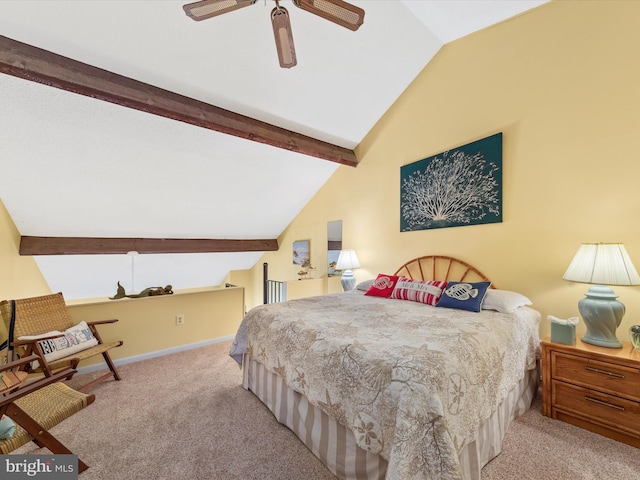 carpeted bedroom featuring lofted ceiling with beams and ceiling fan