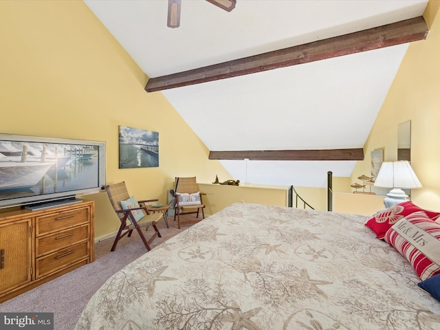 carpeted bedroom with ceiling fan and lofted ceiling with beams