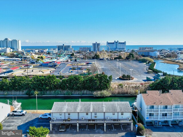 bird's eye view with a water view