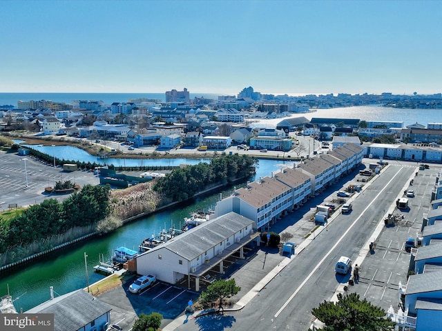 aerial view featuring a water view