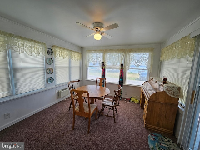 dining space with dark colored carpet, a wall unit AC, and ceiling fan