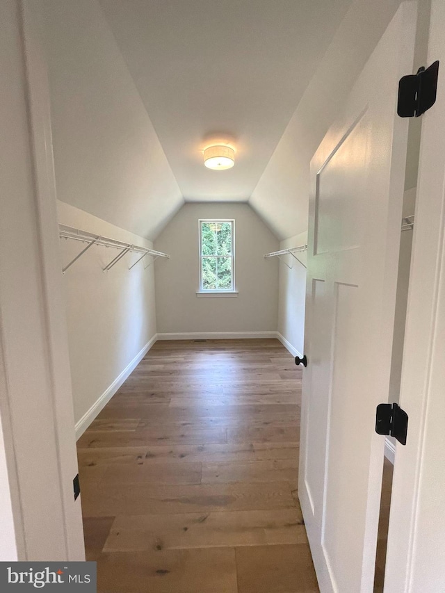 spacious closet with hardwood / wood-style floors and lofted ceiling