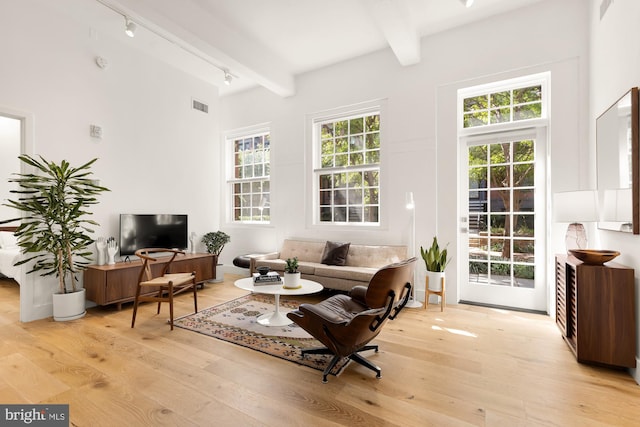 living room featuring beam ceiling, track lighting, and light wood-type flooring