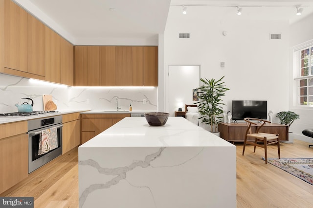 kitchen featuring decorative backsplash, a center island, light wood-type flooring, and stainless steel appliances