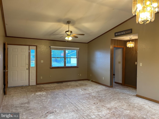 foyer entrance with crown molding, ceiling fan with notable chandelier, and lofted ceiling