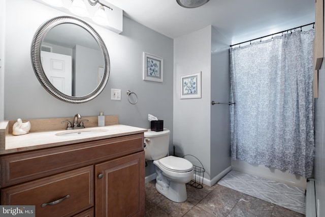 full bathroom featuring shower / bath combo, vanity, a baseboard radiator, and toilet