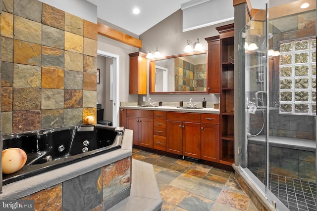 bathroom featuring vanity, lofted ceiling, and plus walk in shower