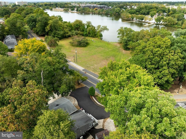 drone / aerial view with a water view