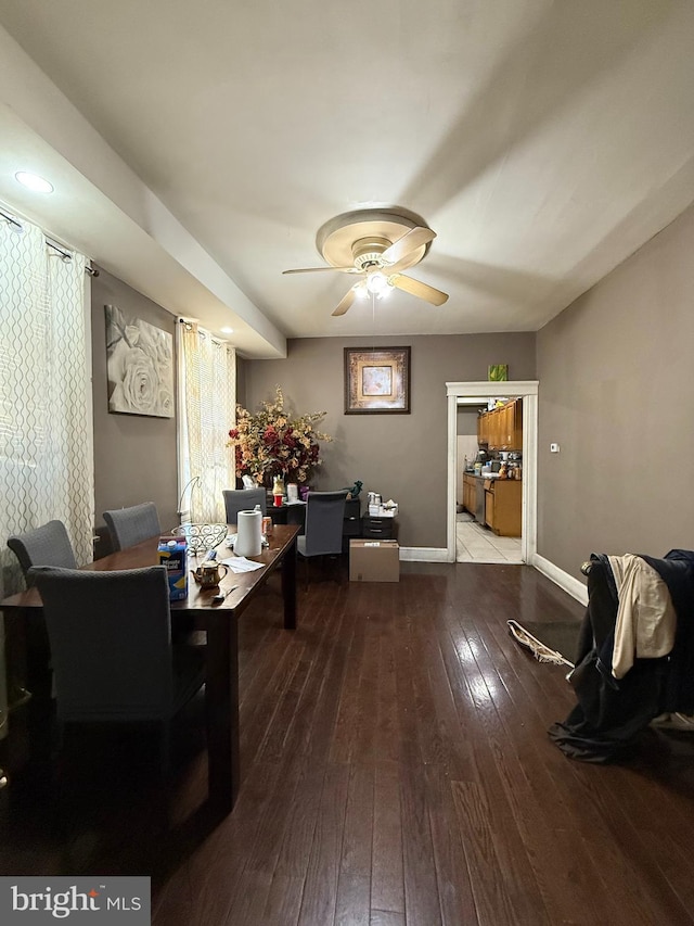 office space with wood-type flooring and ceiling fan