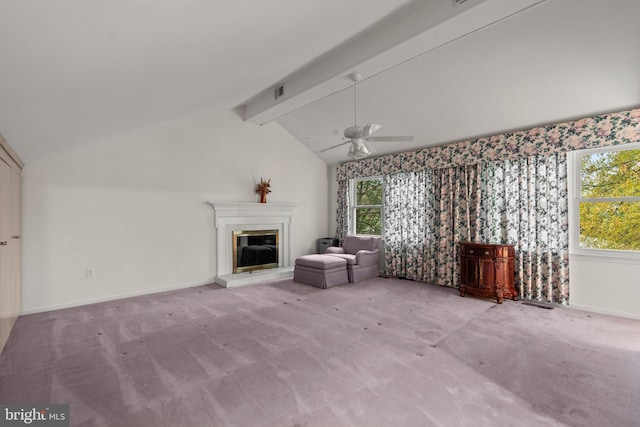 unfurnished living room featuring ceiling fan, light colored carpet, and lofted ceiling with beams