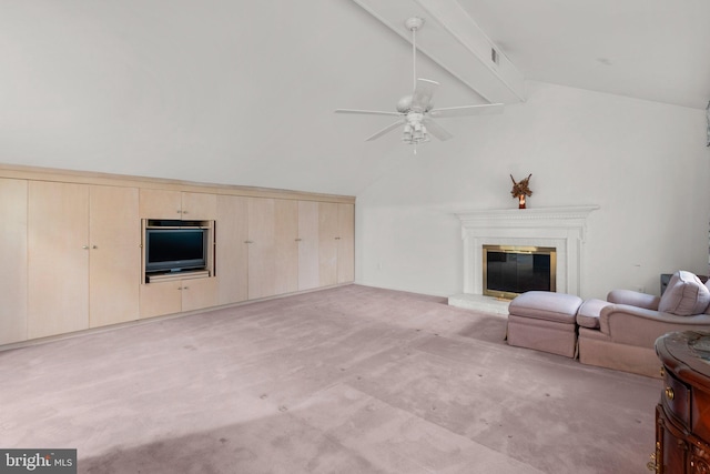 unfurnished living room with lofted ceiling with beams, light colored carpet, and ceiling fan