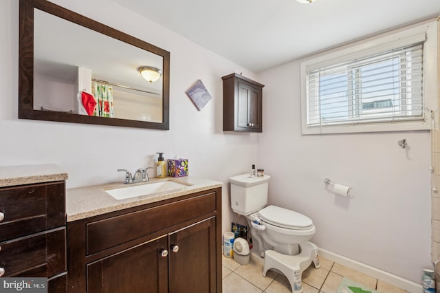 bathroom with tile patterned flooring, vanity, toilet, and walk in shower