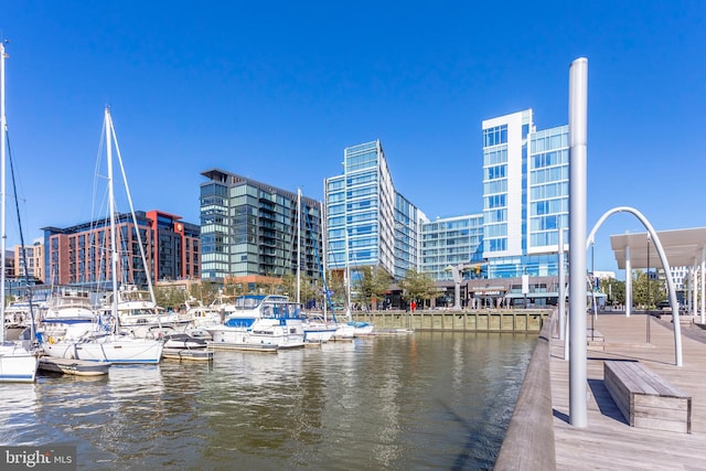 view of dock with a water view