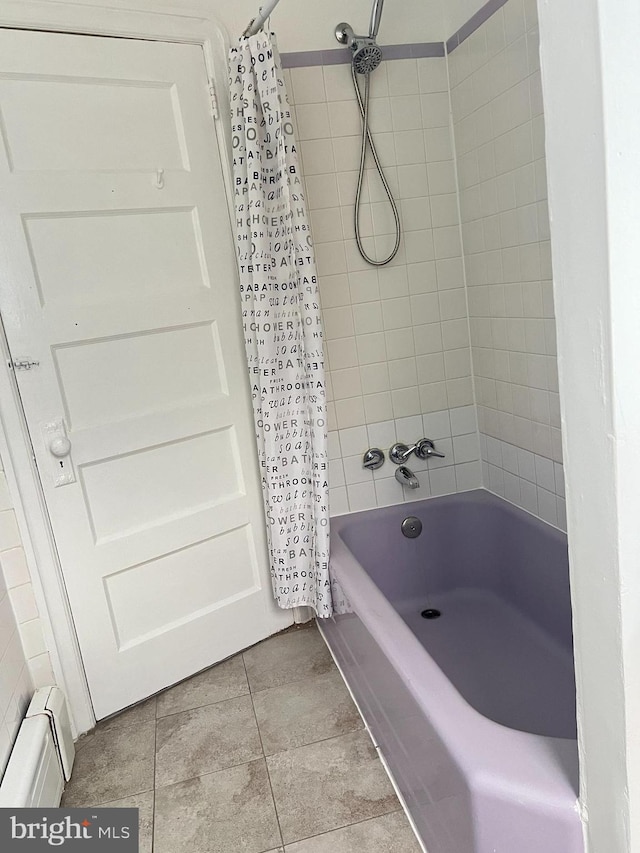 bathroom featuring baseboard heating, tile patterned flooring, and shower / bath combination with curtain