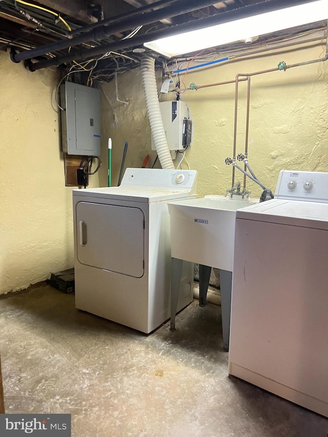 laundry room with electric panel and washing machine and dryer