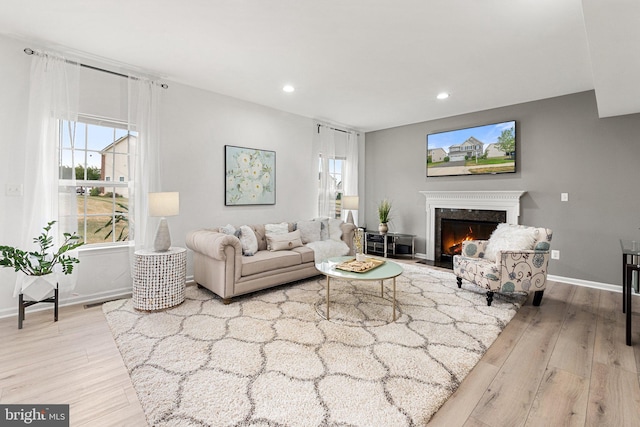 living room featuring a high end fireplace and light wood-type flooring