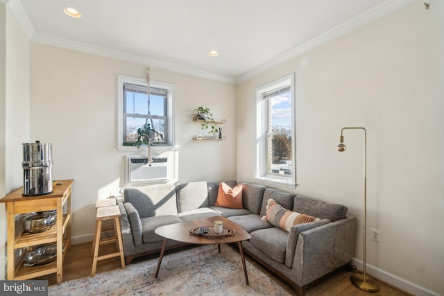 living area with wood-type flooring, ornamental molding, and a wealth of natural light