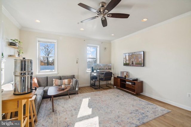 living area featuring wood-type flooring, ceiling fan, and ornamental molding