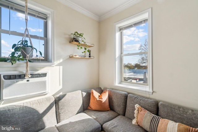 living room with crown molding