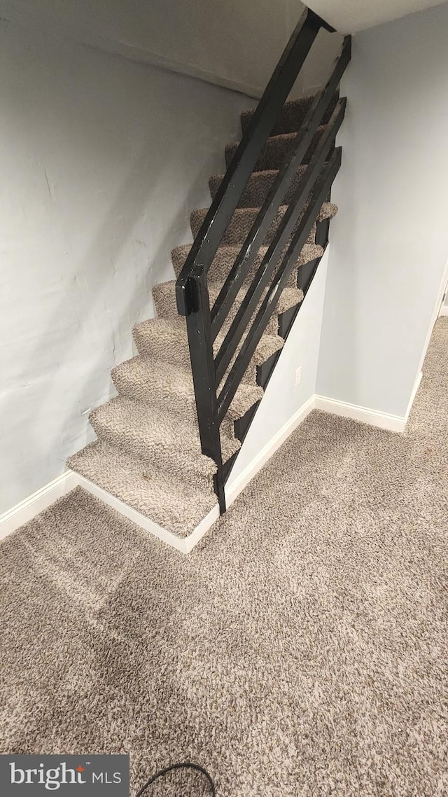 stairway featuring carpet flooring and baseboards