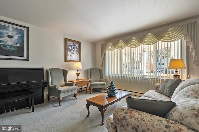 carpeted living room featuring baseboard heating