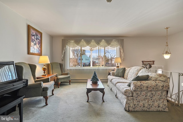 carpeted living room featuring baseboard heating