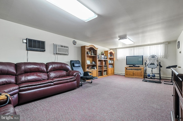 living room with a wall unit AC, carpet floors, and a baseboard heating unit